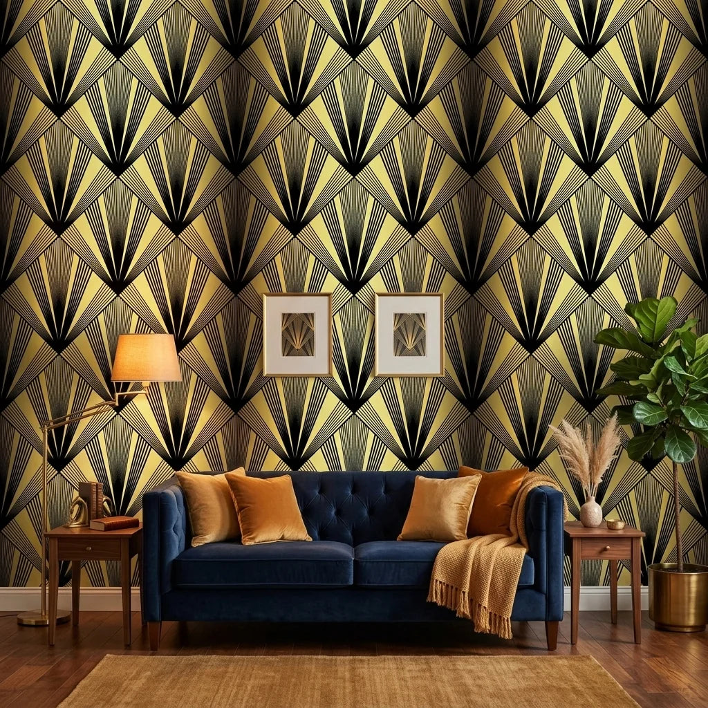 Black Tie dramatic art deco fan wallpaper creating ambiance in a serene bathroom