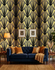 Black Tie dramatic art deco fan wallpaper creating ambiance in a serene bathroom