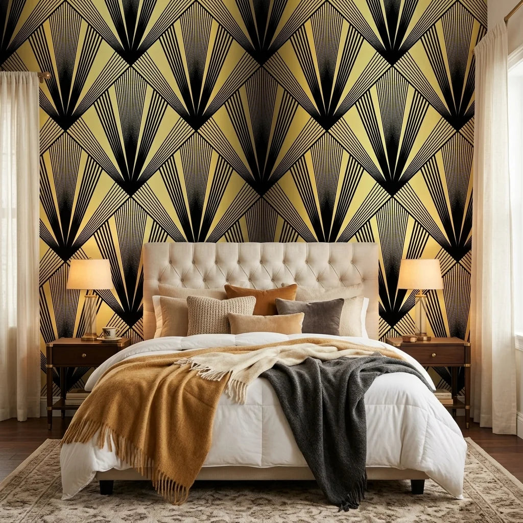 Black Tie dramatic art deco fan wallpaper in a warm and inviting living room