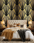 Black Tie dramatic art deco fan wallpaper in a warm and inviting living room