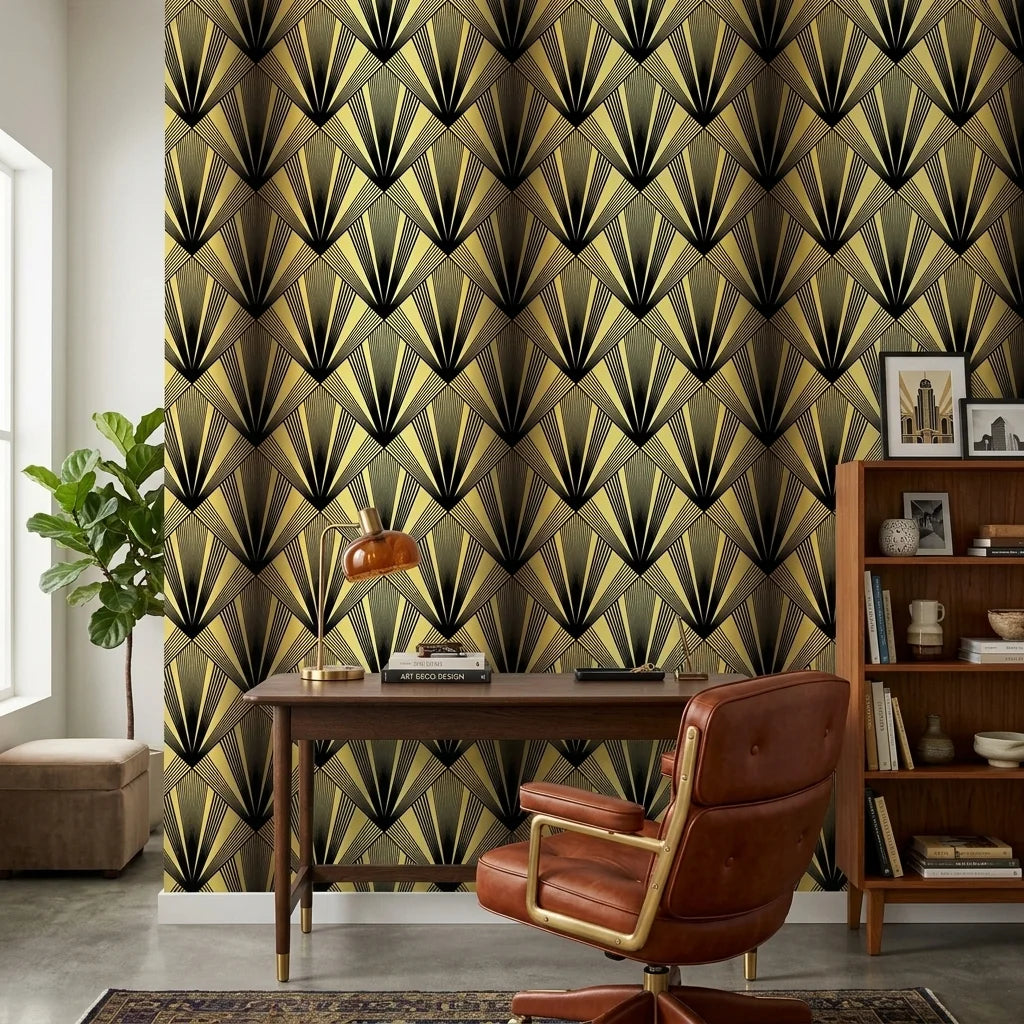 Black Tie dramatic art deco fan wallpaper adding character to a cozy bedroom