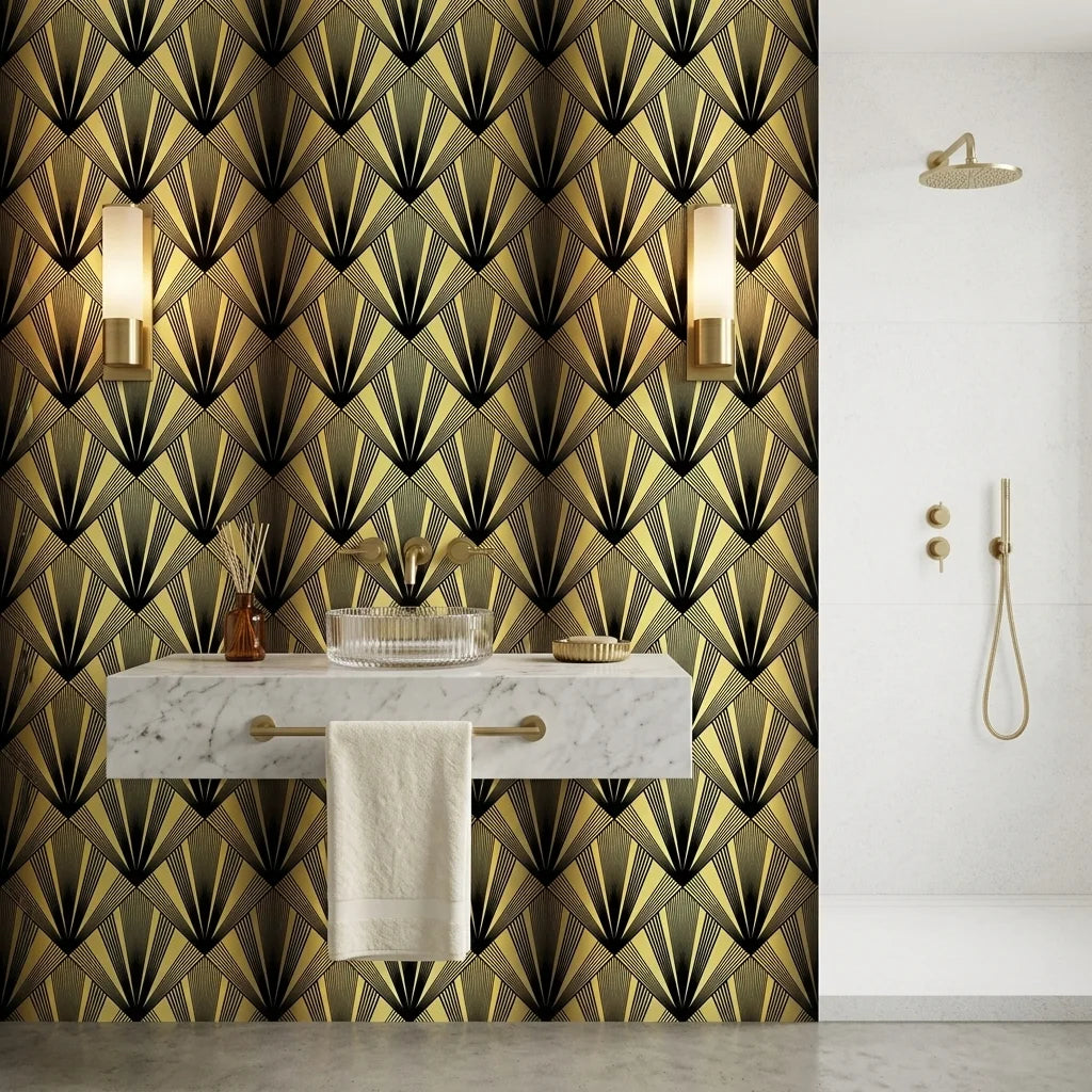 Black Tie dramatic art deco fan wallpaper as a feature wall in a bright home office