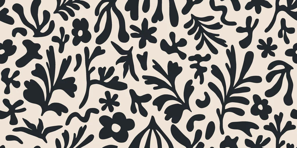 Starkly defined black floral outlines, providing a dramatic and contemporary design element.