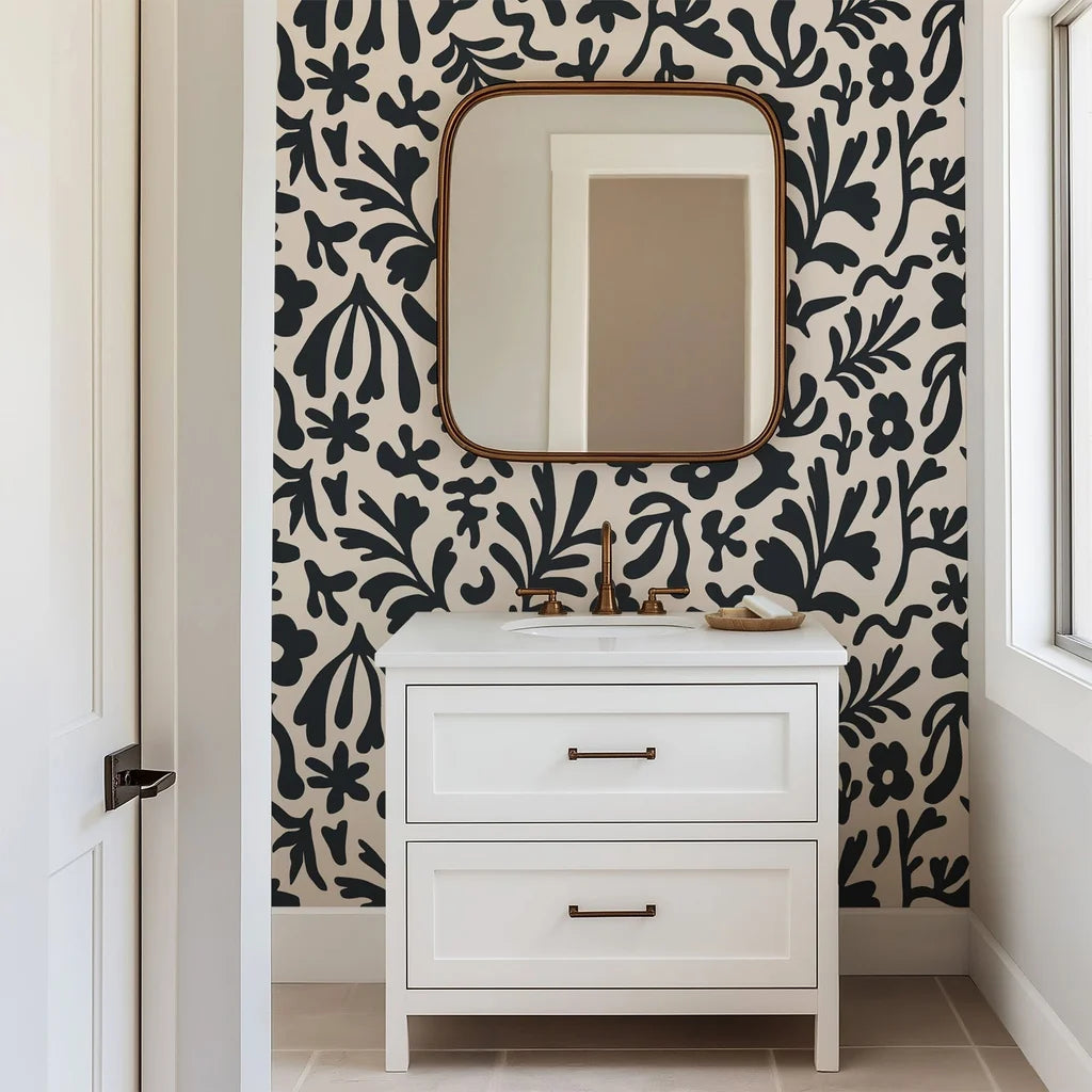 A striking modern pattern featuring high-contrast, jet-black, organic flower silhouettes