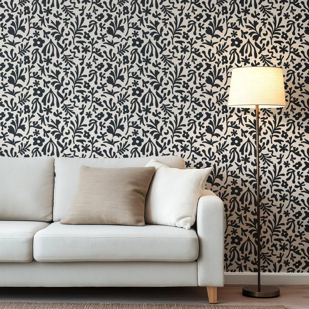 Silhouettes of organic flowers, rendered in high-contrast black for a strikingly modern look