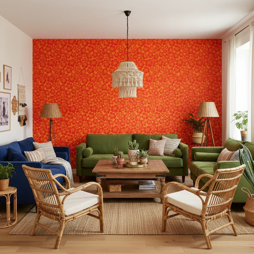 Blazing Petal bold red hibiscus wallpaper in a warm and inviting living room