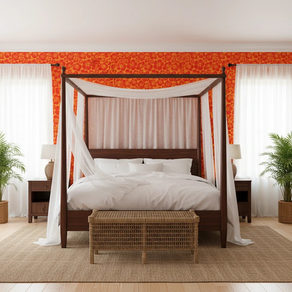 Blazing Petal bold red hibiscus wallpaper adding character to a cozy bedroom