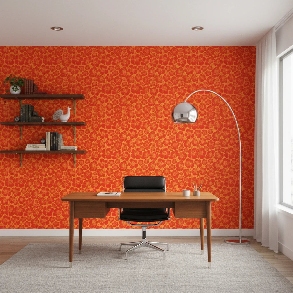 Blazing Petal bold red hibiscus wallpaper as a feature wall in a bright home office
