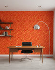 Blazing Petal bold red hibiscus wallpaper as a feature wall in a bright home office