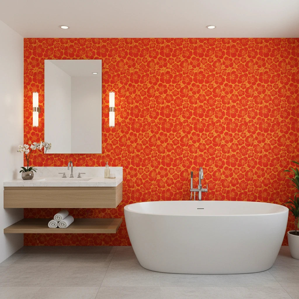 Blazing Petal bold red hibiscus wallpaper creating ambiance in a serene bathroom