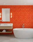 Blazing Petal bold red hibiscus wallpaper creating ambiance in a serene bathroom