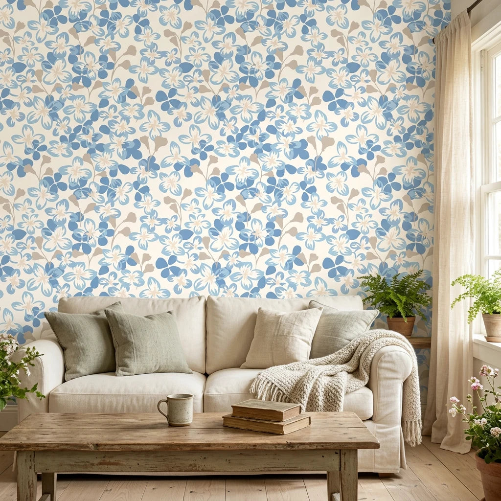 Bloom Archive soft blue floral blossom wallpaper in a warm and inviting living room