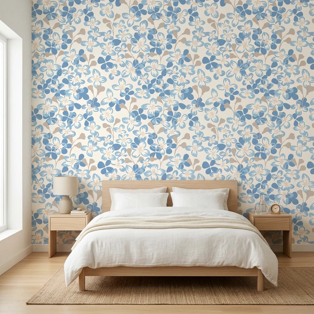 Bloom Archive soft blue floral blossom wallpaper adding character to a cozy bedroom