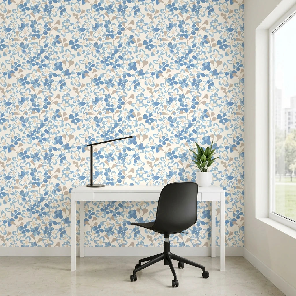 Bloom Archive soft blue floral blossom wallpaper as a feature wall in a bright home office