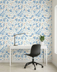 Bloom Archive soft blue floral blossom wallpaper as a feature wall in a bright home office