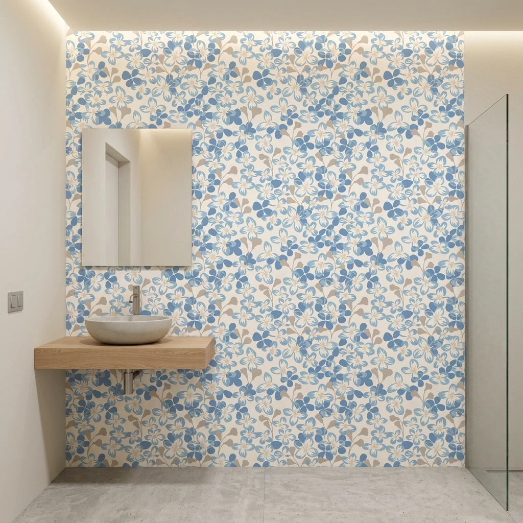 Bloom Archive soft blue floral blossom wallpaper creating ambiance in a serene bathroom
