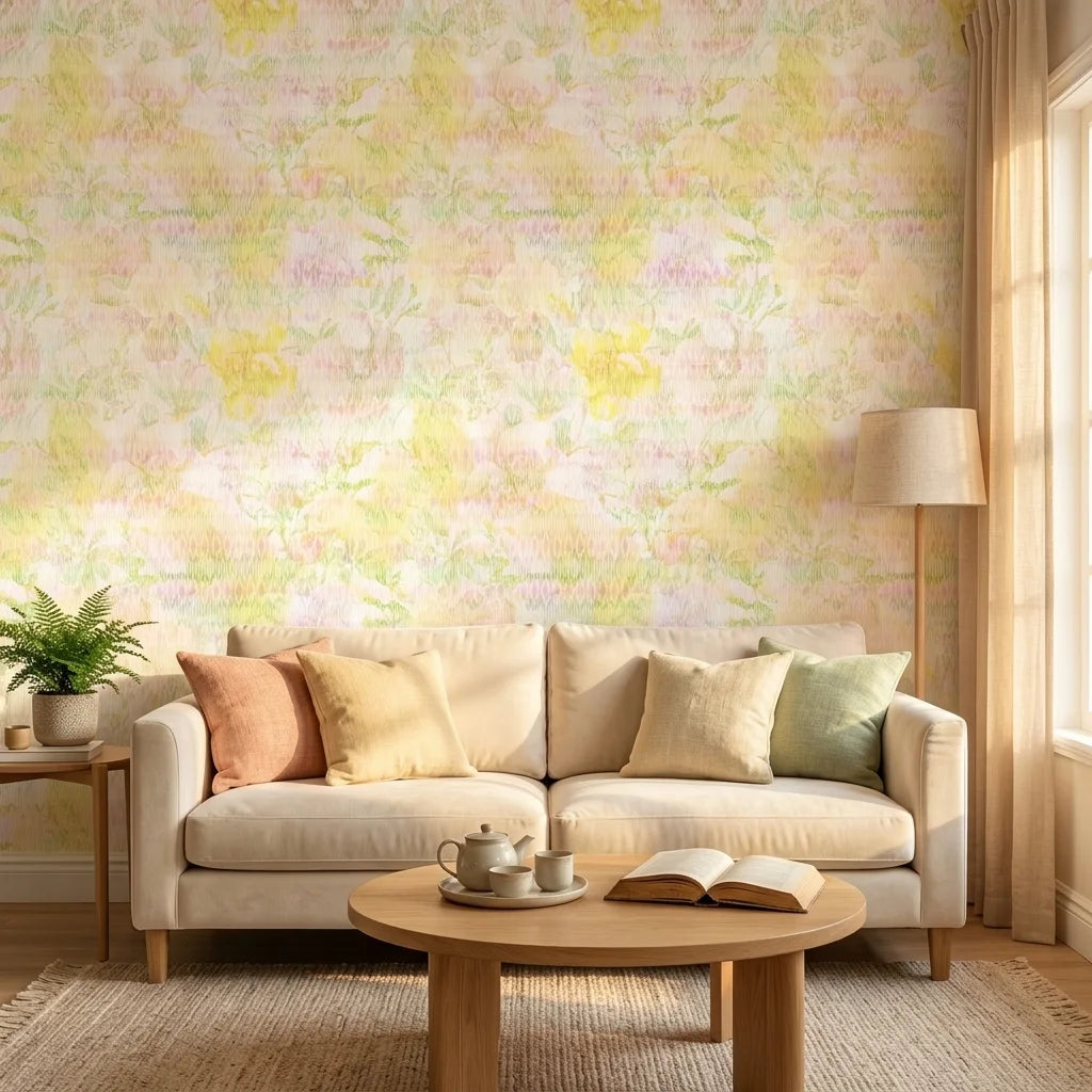 Bloom & Mist pastel floral geometric wallpaper in a warm and inviting living room