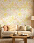 Bloom & Mist pastel floral geometric wallpaper in a warm and inviting living room