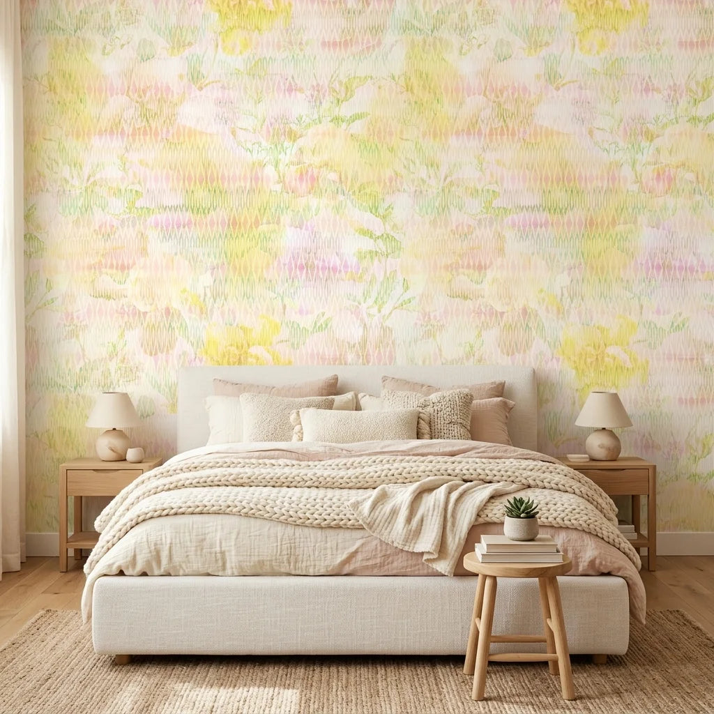 Bloom & Mist pastel floral geometric wallpaper adding character to a cozy bedroom