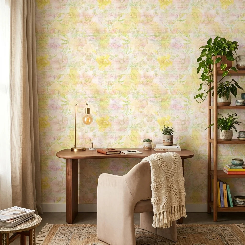 Bloom & Mist pastel floral geometric wallpaper as a feature wall in a bright home office