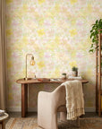 Bloom & Mist pastel floral geometric wallpaper as a feature wall in a bright home office