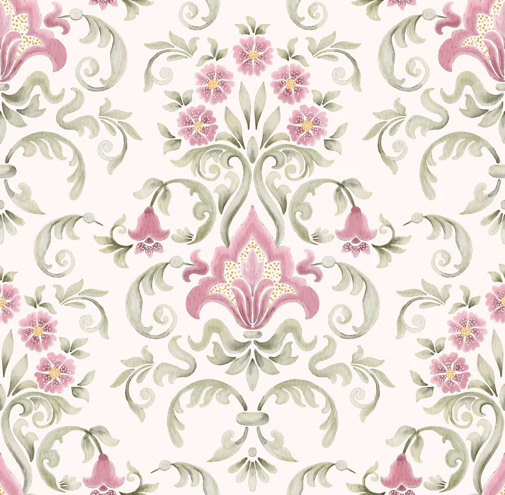 Blossom Reverie pink floral damask wallpaper