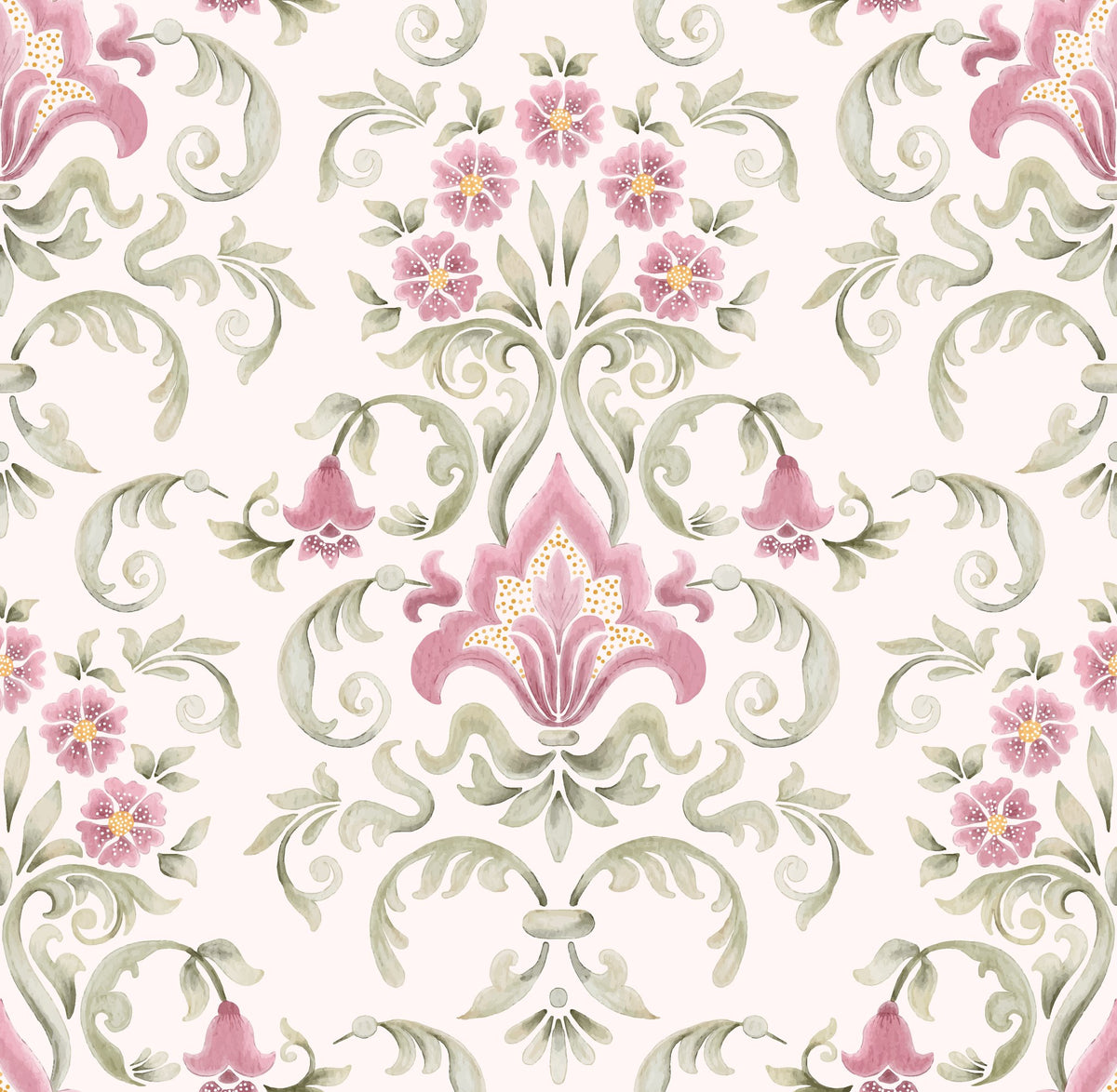 Blossom Reverie pink floral damask wallpaper