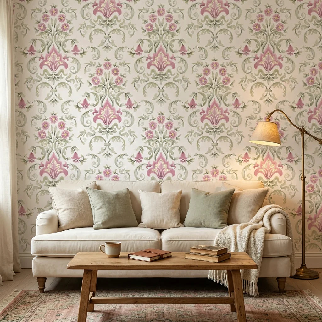 Blossom Reverie pink floral damask wallpaper in a warm and inviting living room