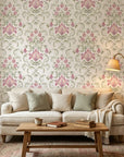 Blossom Reverie pink floral damask wallpaper in a warm and inviting living room