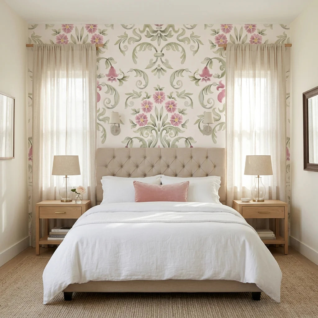 Blossom Reverie pink floral damask wallpaper adding character to a cozy bedroom