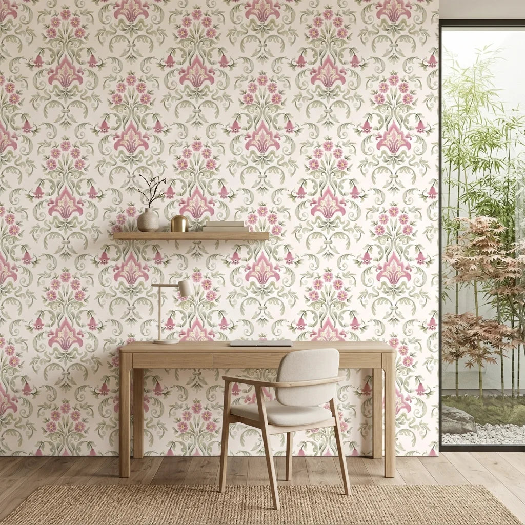 Blossom Reverie pink floral damask wallpaper as a feature wall in a bright home office
