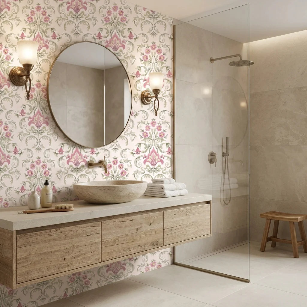 Blossom Reverie pink floral damask wallpaper creating ambiance in a serene bathroom