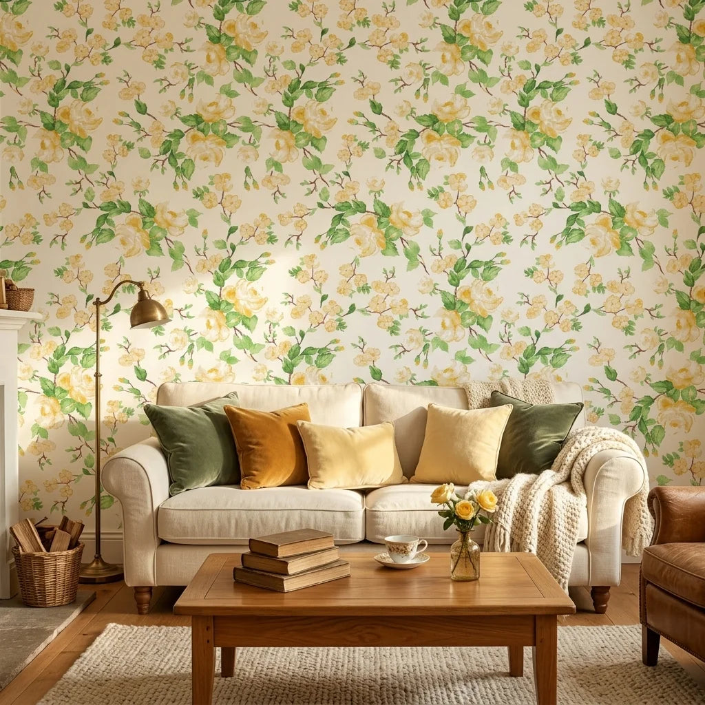 Blossom Spell yellow botanical peel and stick wallpaper in a warm and inviting living room