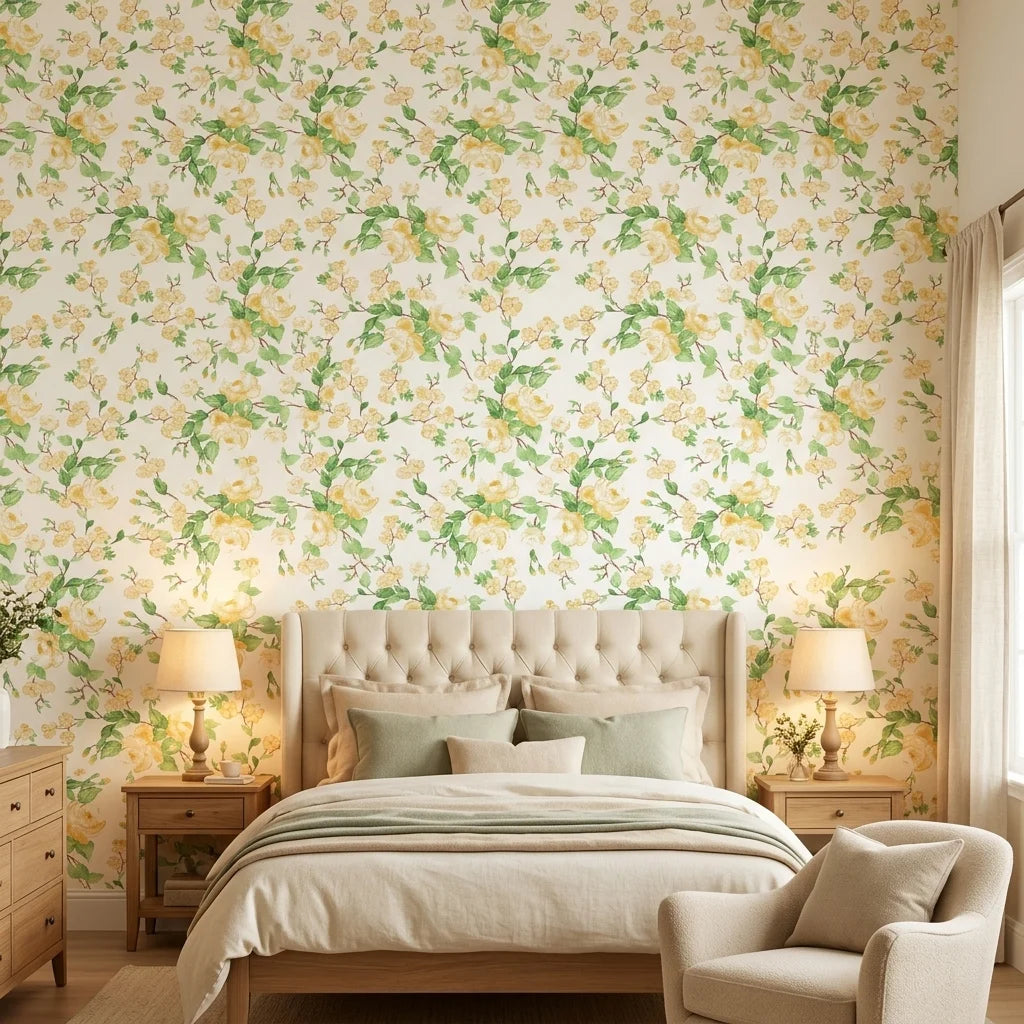 Blossom Spell yellow botanical peel and stick wallpaper adding character to a cozy bedroom