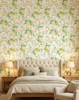 Blossom Spell yellow botanical peel and stick wallpaper adding character to a cozy bedroom