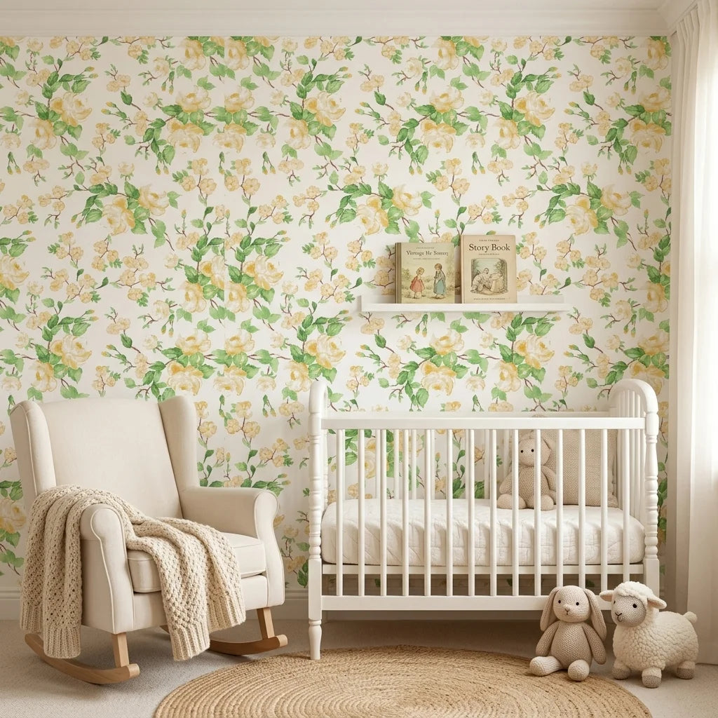 Blossom Spell yellow botanical peel and stick wallpaper as a feature wall in a bright home office
