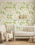 Blossom Spell yellow botanical peel and stick wallpaper as a feature wall in a bright home office