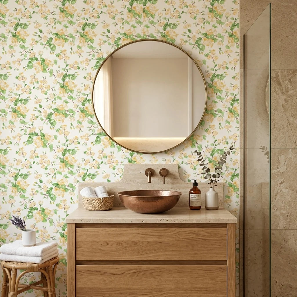 Blossom Spell yellow botanical peel and stick wallpaper creating ambiance in a serene bathroom