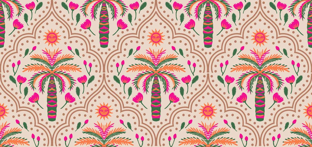 Boho pink and green palm arch pattern on peel and stick wallpaper