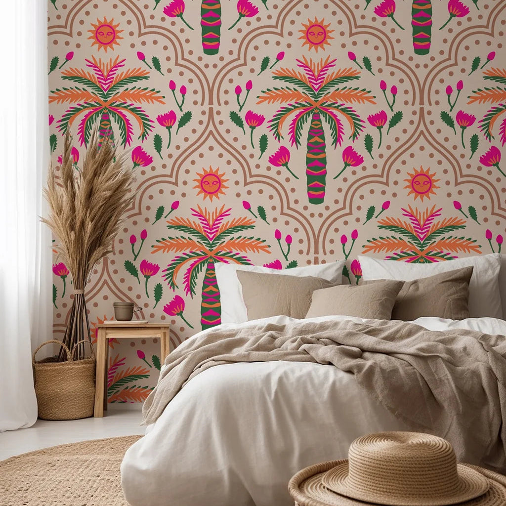 Bohemian style wall covering featuring tropical green palms and pink arched patterns