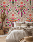 Bohemian style wall covering featuring tropical green palms and pink arched patterns