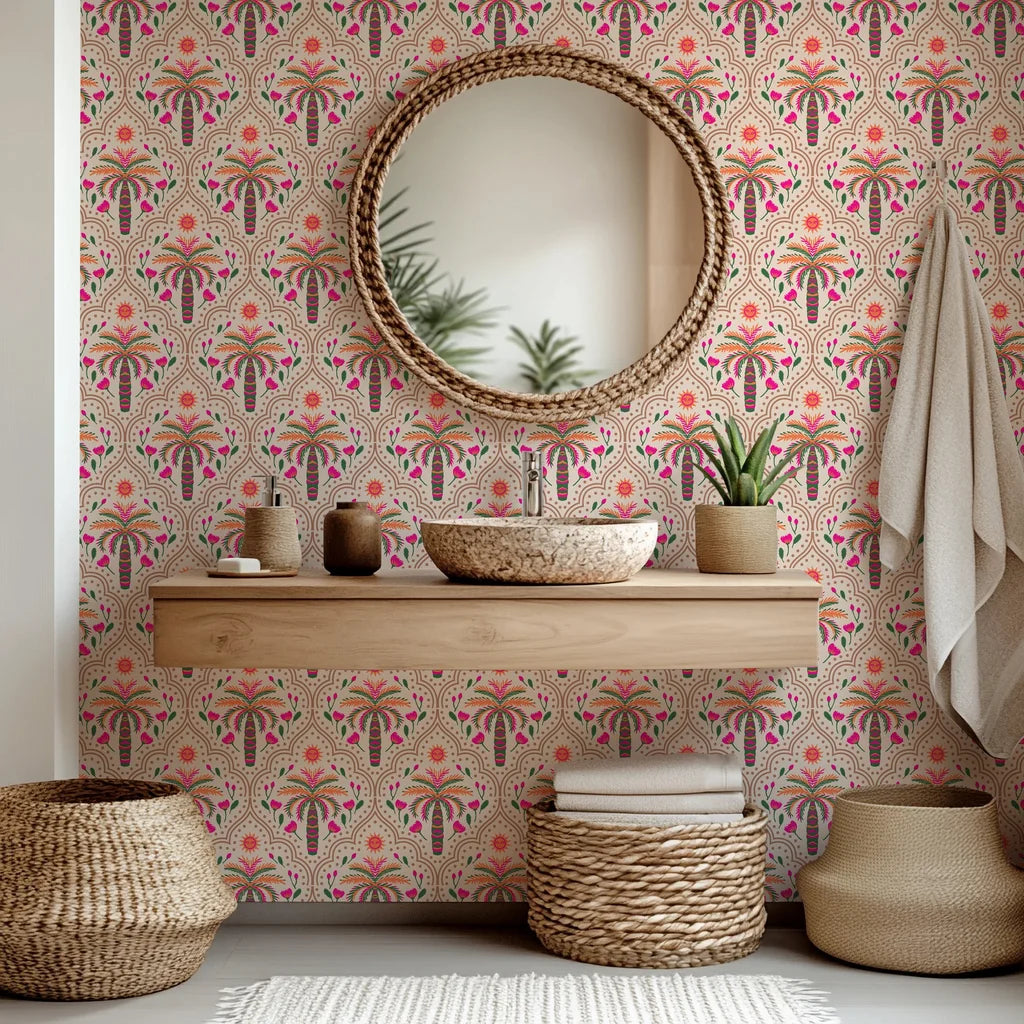 Bohemian style removable wallpaper featuring arches of palm leaves in soft pink and lush green