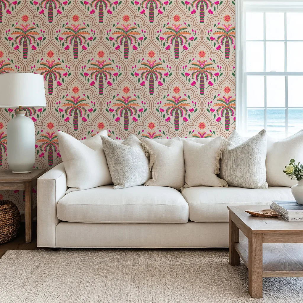 Bohemian peel and stick wallpaper with pink and green palm arch patterns