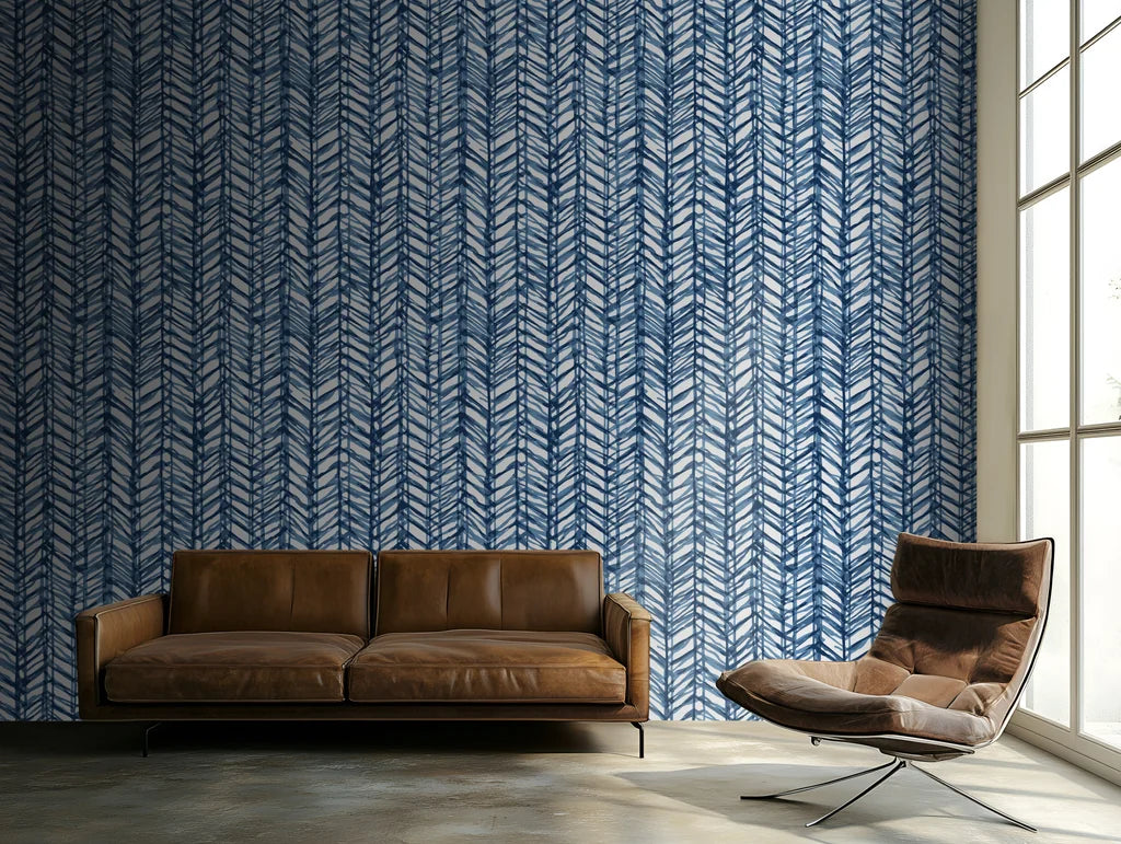 Textured navy blue chevron herringbone peel and stick wallpaper - Blue Stitching
