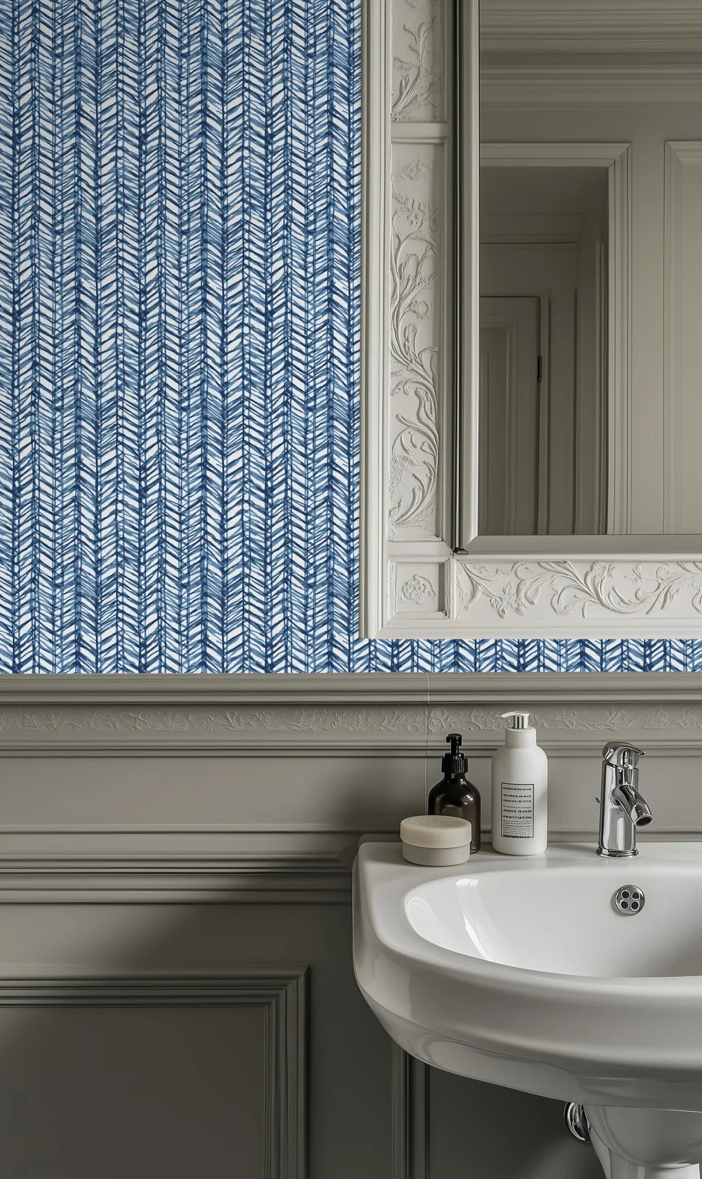 Textured navy blue chevron herringbone peel and stick wallpaper - Blue Stitching