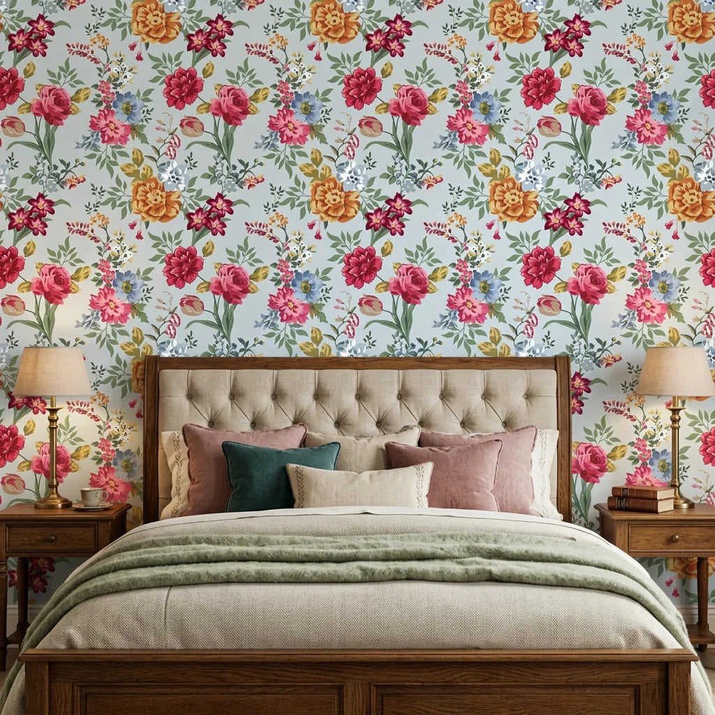 Blue Bouquet vintage floral peel and stick wallpaper in a warm and inviting living room