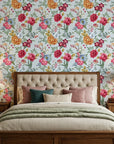 Blue Bouquet vintage floral peel and stick wallpaper in a warm and inviting living room