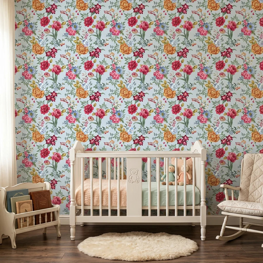 Blue Bouquet vintage floral peel and stick wallpaper adding character to a cozy bedroom