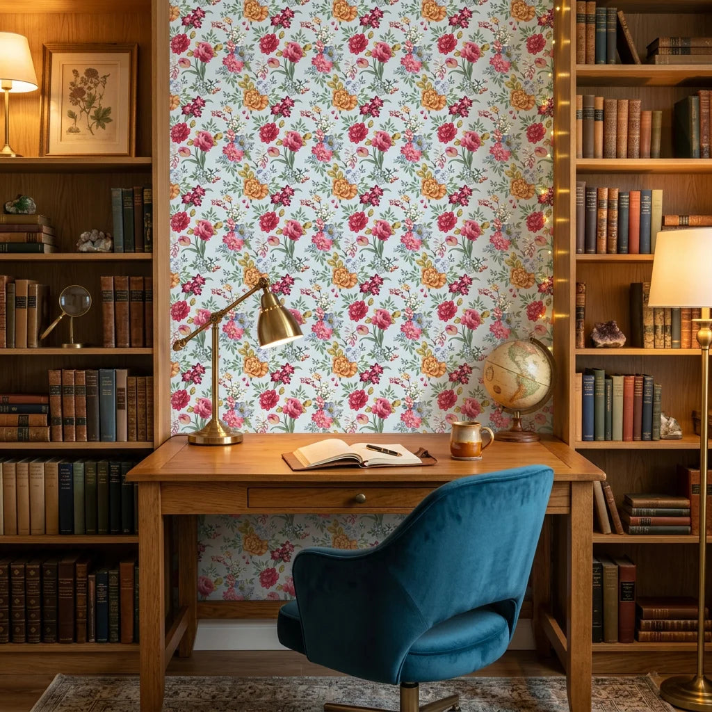 Blue Bouquet vintage floral peel and stick wallpaper as a feature wall in a bright home office