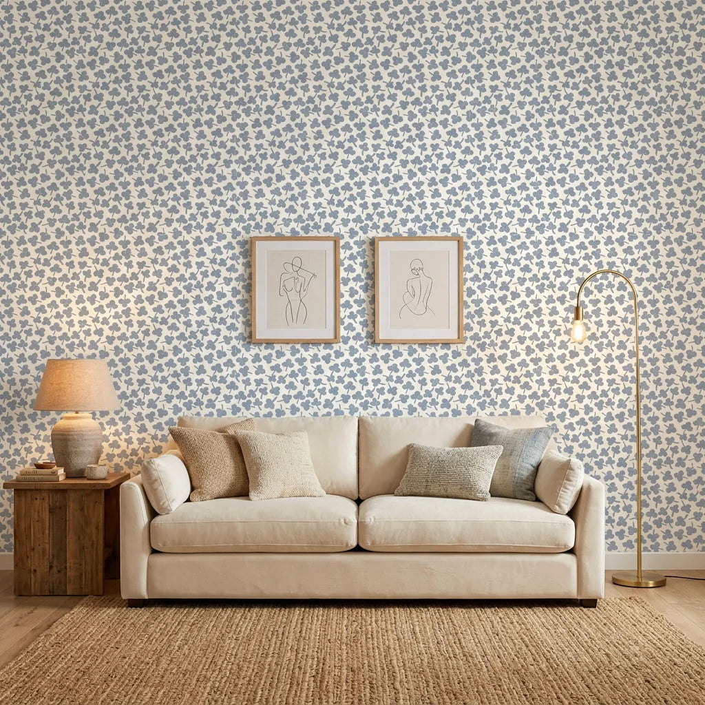 Blue Clover soft hand stamped pattern on ivory in a warm and inviting living room